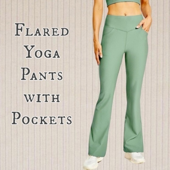 High Waisted Ribbed Bootcut/Flare Leg Yoga Pants w/Pockets - Picture 1 of 12